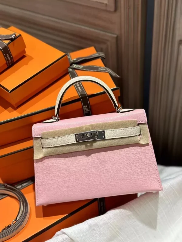 Taiwan Hermes Chevre Leather Mini Kelly 19CM 3Q Rose Sakura / I2 Nata Silver Hardware