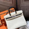 Hermes White & Black Ostrich Birkin 25CM Clover Stamp Brush Silver Hardware