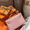 Hermes 3Q Rose Sakura Lizard Skin Kelly Pochette 22CM Silver Hardware