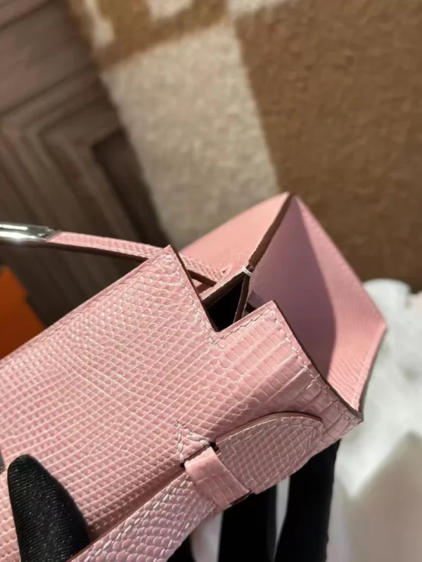 Hermes 3Q Rose Sakura Lizard Skin Kelly Pochette 22CM Silver Hardware