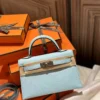 Full Handmade Mini Kelly 19CM U2 Zephyr Blue Chevre Leather Silver Hardware