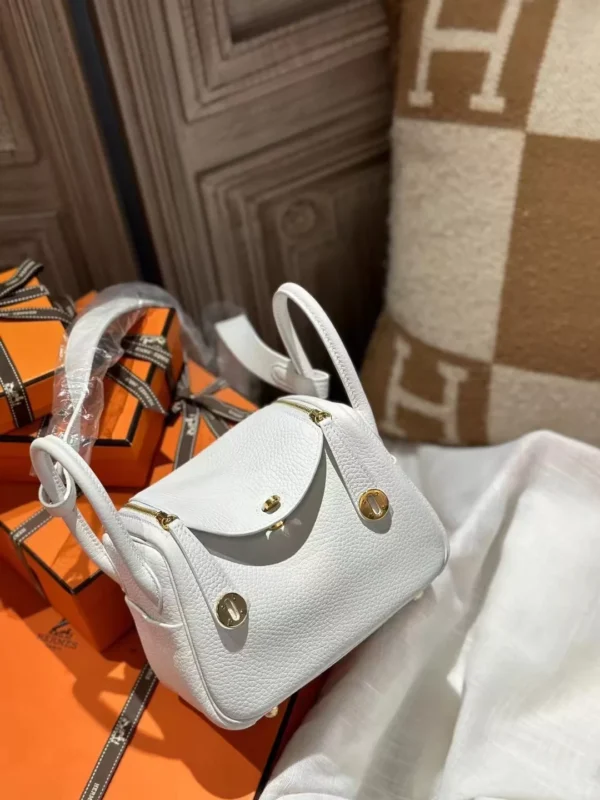 Full Handmade Hermes 01 Blanc TC Leather Mini Lindy 20CM Gold Hardware