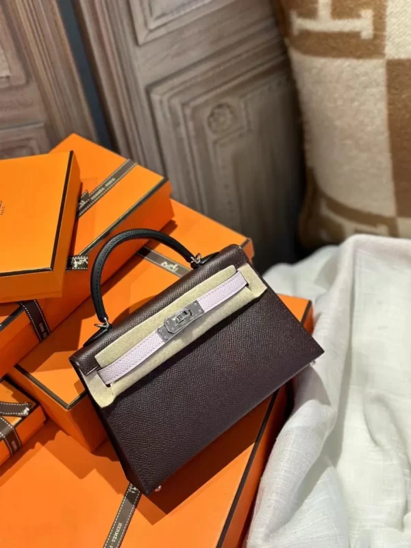 Handmade Hermes 0G Rouge Sellier/ 09 Mauve Pale/ 89 Noir Epsom Mini Kelly 19CM Silver Hardware