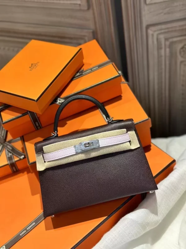 Handmade Hermes 0G Rouge Sellier/ 09 Mauve Pale/ 89 Noir Epsom Mini Kelly 19CM Silver Hardware