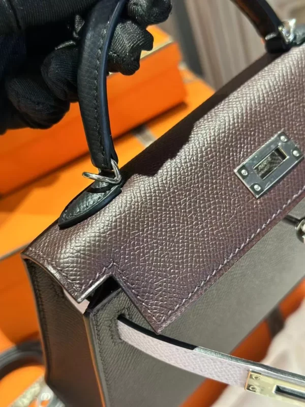 Handmade Hermes 0G Rouge Sellier/ 09 Mauve Pale/ 89 Noir Epsom Mini Kelly 19CM Silver Hardware