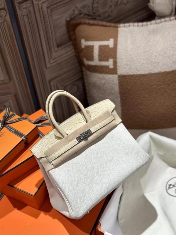 New Hermes Birkin Touch 25CM Togo 0T Mushroom/ Matte Crocodile Y1 Vanille Silver Hardware