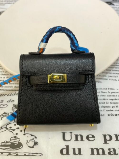 New Arrival 187 Factory Kelly Twilly Charm Noir Tadelakt Leather Gold Hardware