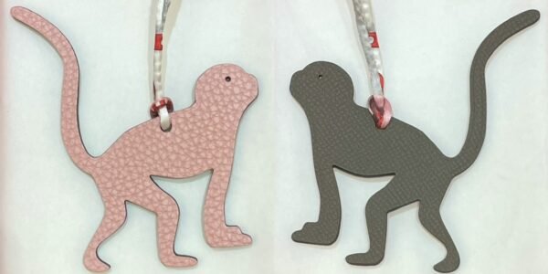 Handmade Guenon Bag Charm Togo Rose Sakura / Epsom Etoupe Grey