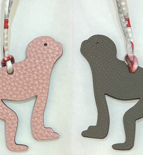 Handmade Guenon Bag Charm Togo Rose Sakura / Epsom Etoupe Grey