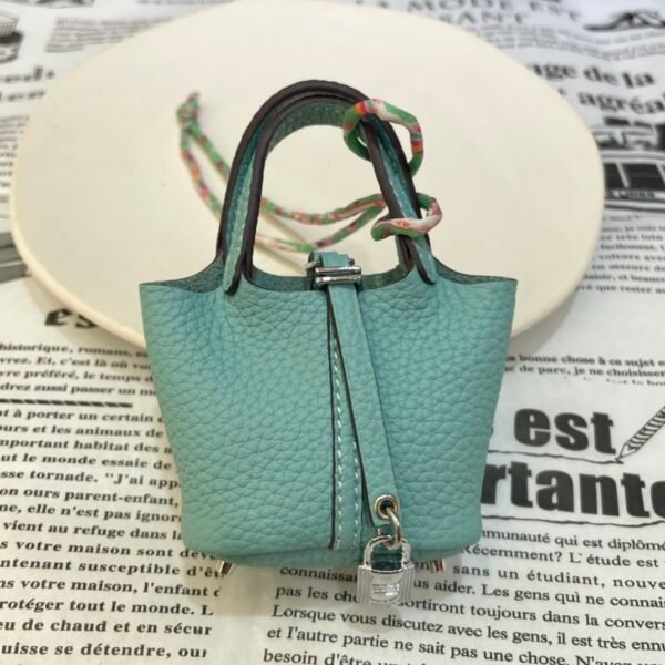 UK London 187 Factory Bag Charm 3P Blue Atoll Togo Leather Picotin Bag Charm Silver Hardware
