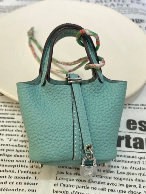 UK London 187 Factory Bag Charm 3P Blue Atoll Togo Leather Picotin Bag Charm Silver Hardware
