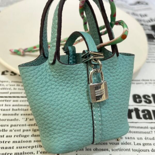 UK London 187 Factory Bag Charm 3P Blue Atoll Togo Leather Picotin Bag Charm Silver Hardware