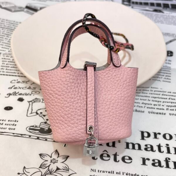 187 Factory Bag Charm 5P Pink Togo Leather Picotin Bag Charm Silver Hardware