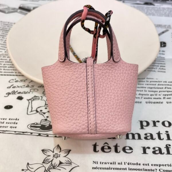 187 Factory Bag Charm 5P Pink Togo Leather Picotin Bag Charm Silver Hardware