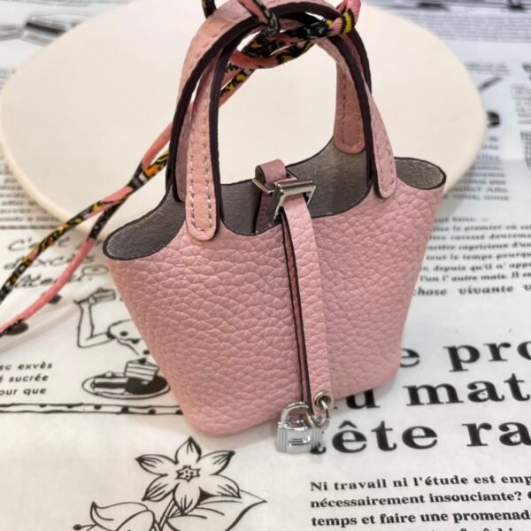 187 Factory Bag Charm 5P Pink Togo Leather Picotin Bag Charm Silver Hardware
