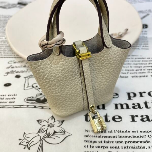 UK London 187 Factory Picotin Bag Charm Togo Leather CC10 Craie Gold Hardware
