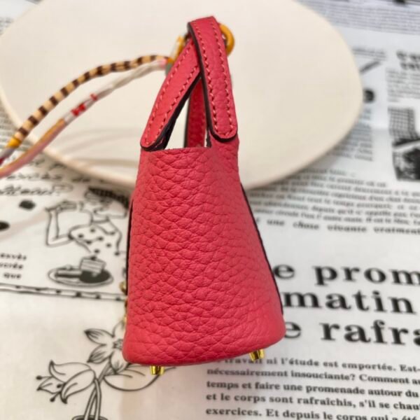 Handmade 187 Factory Charms Togo Leather Picotin Bag Charm U5 Rose Lipstick Gold Hardware